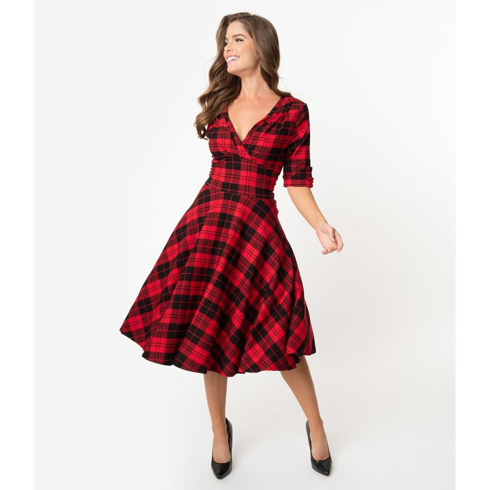 Unique Vintage Delores Red Black Plaid Swing Dress 2X / 18 Rockabilly Pin-Up